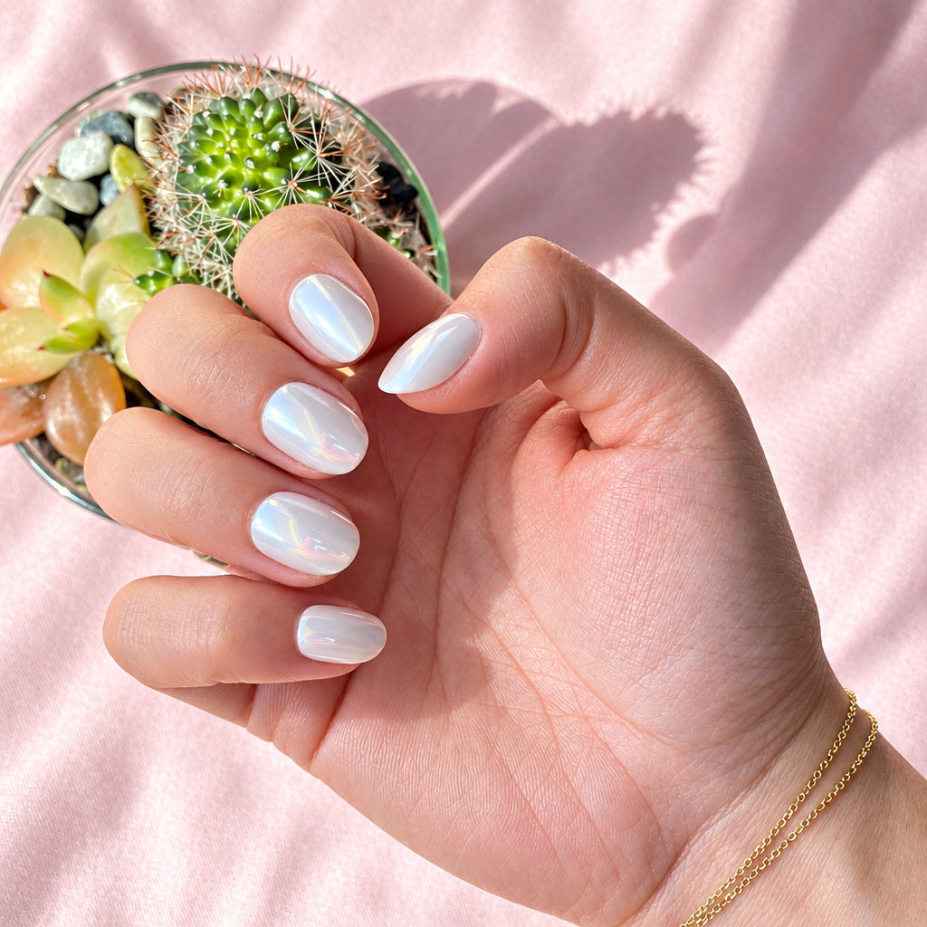 Milky white pearl chrome press-on nails holding succulent in sunlight