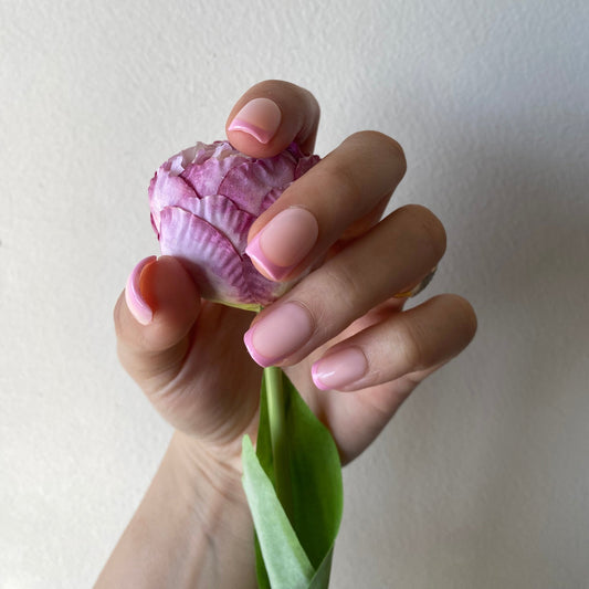 Baby pink glazed press-on nails fist pose against plant background