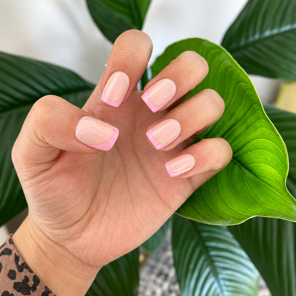 Baby pink glazed press-on nails holding tulip against white wall