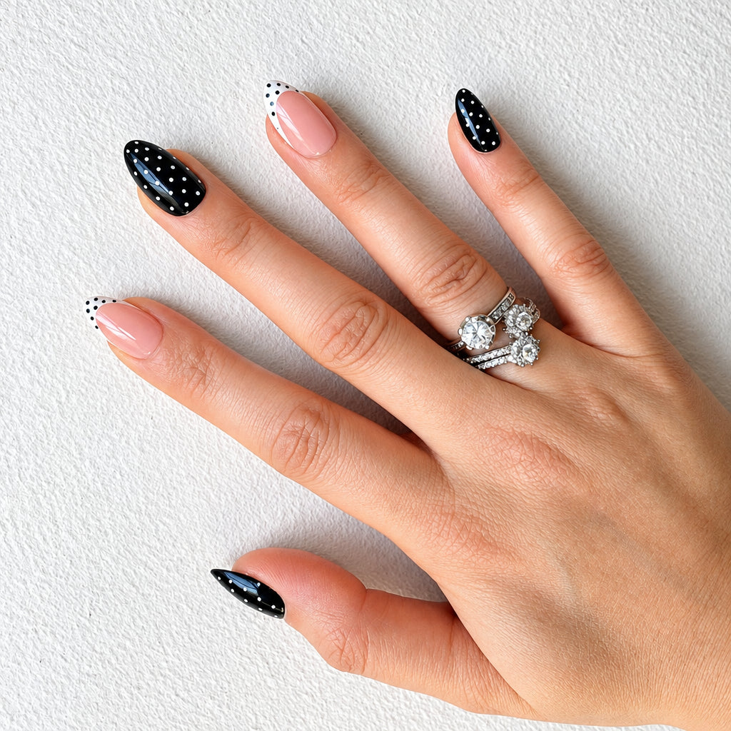 Black polka dot press-on nails on hand against white wall