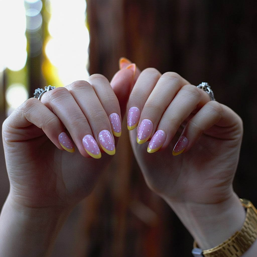 Hands wearing soft pink almond press-on nails with yellow French tips